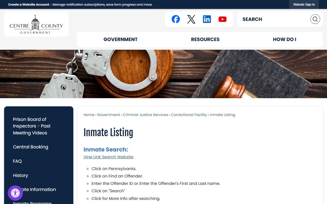 Centre County inmate listing page for VINE custody search