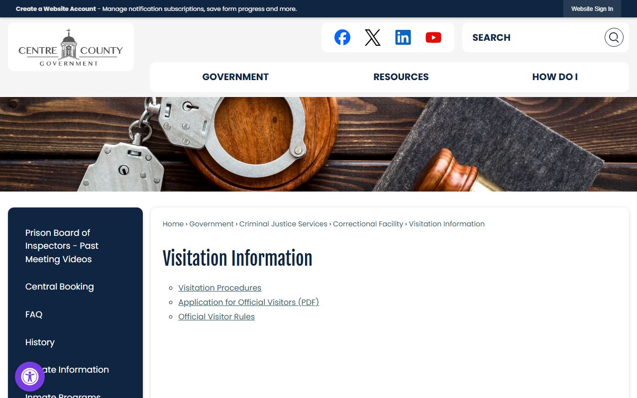 Centre County inmate records visitation information page