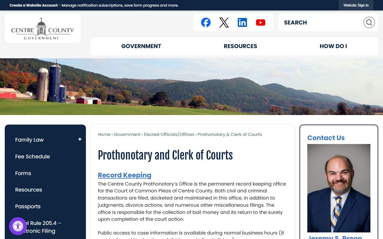 Centre County Clerk of Courts public access page for court records after arrest