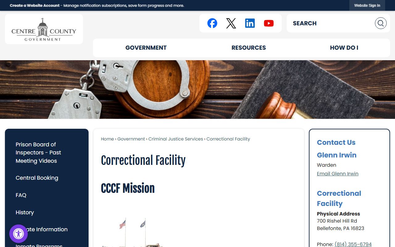 Centre County Correctional Facility inmate custody information page