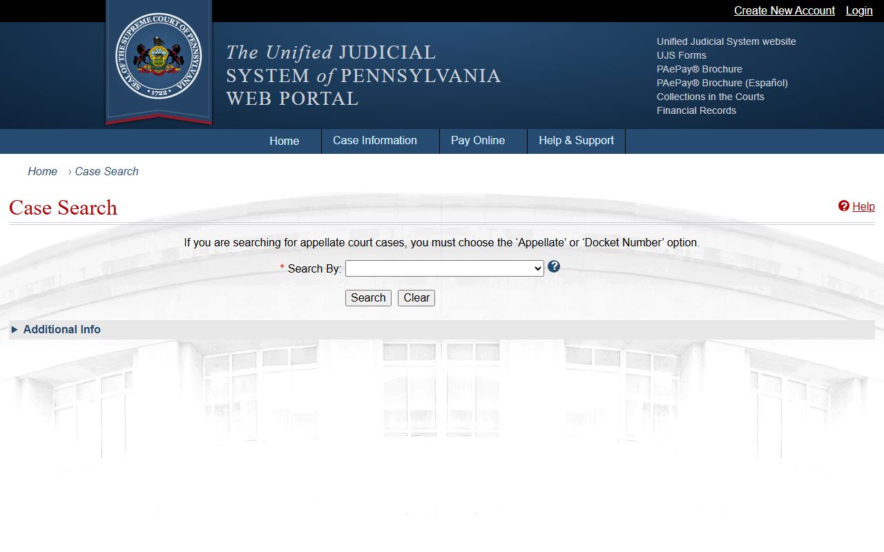 Centre County court records after arrest search through Pennsylvania UJS Case Search